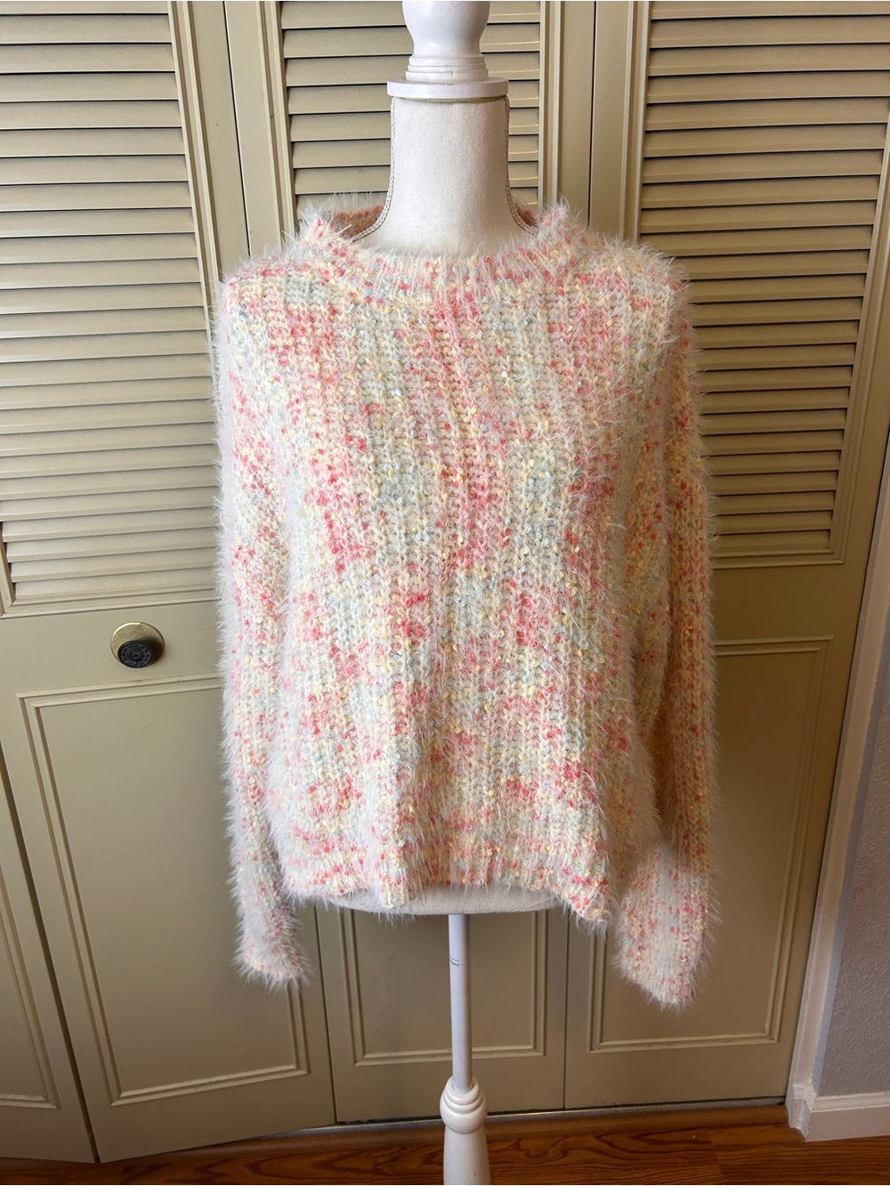 Altar'd State Cream Fuzzy Crew Sweater with Pastel Speckles